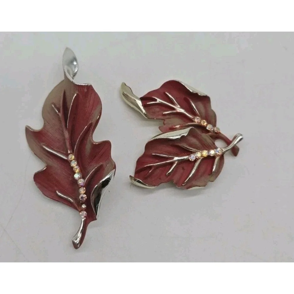 Vintage BSK Enamel Rhinestone Leaf Brooch Pins Set Burgundy Mid Century Fall